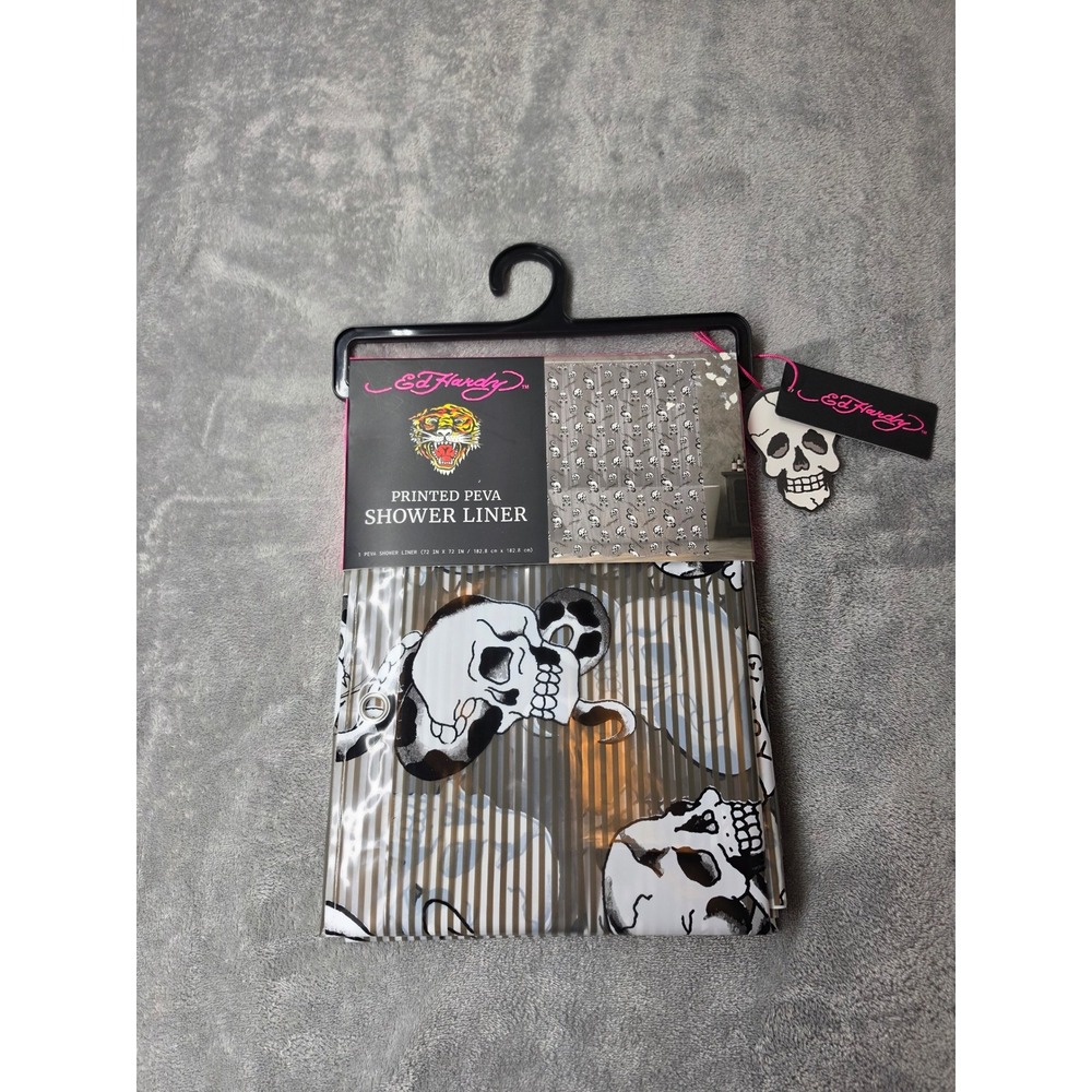 Ed Hardy Printed PEVA Shower Liner Skull Tiger Tattoo Art Grey Clear 72x72 NEW